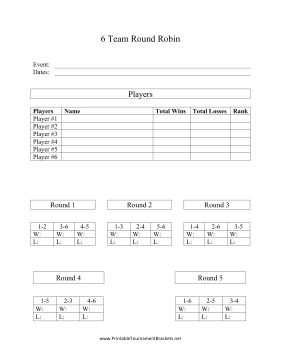 6-Team Round Robin Tournament Printable